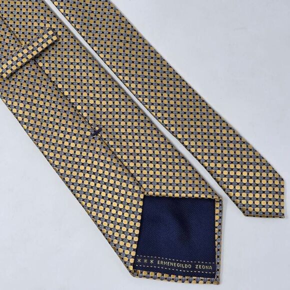 ERMENEGILDO ZEGNA SILK TIE GOLD NAVY WHITE POLKA DOT SATIN 3.5" X 59" ITALY - Picture 2 of 3